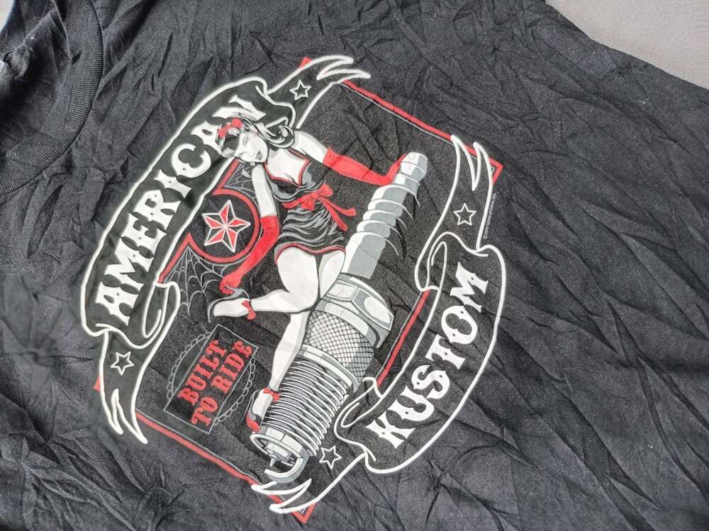 Biker Graphic T-Shirt  American Kustom Spark Plug Pinup & 2nd Amendment Skull XL